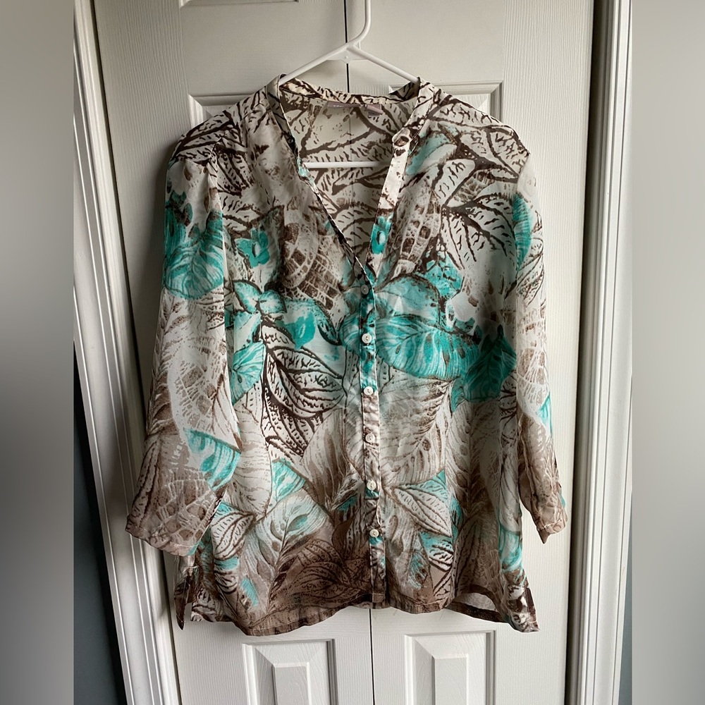 Chico's Brown and Teal Leaf Print Sheer Top Button Down Blouse Size 2 (L/12)